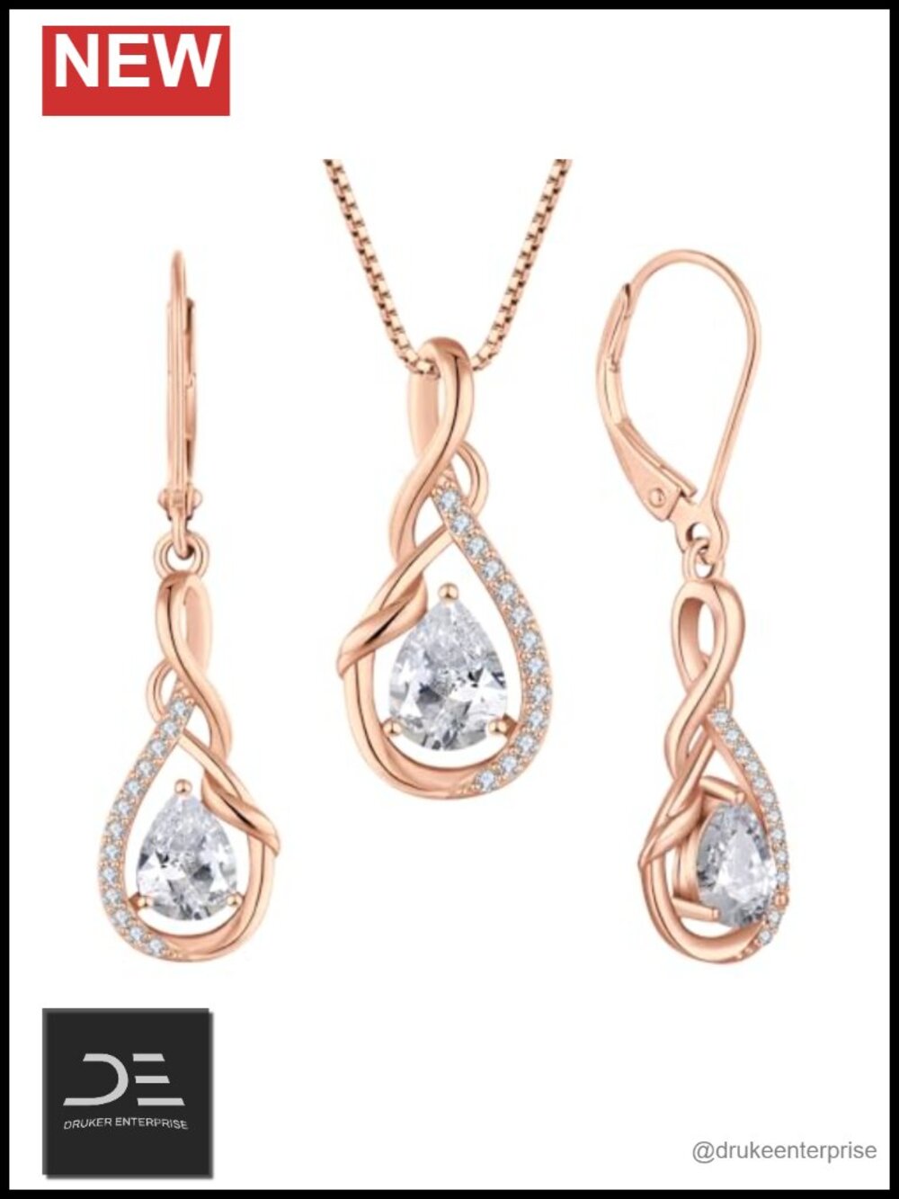 925 Sterling Silver Rose Gold Plated Necklace Earrings Set Cubic Zirconia